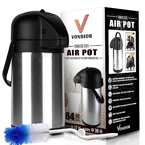 Vondior Airpot Pumpkanne 1,9 liters - Professionelle isolierte Kaffeekaraffe aus Edelstahl, Thermoskanne, Thermos-Getränkespender, Geeignet Für Partygetränke