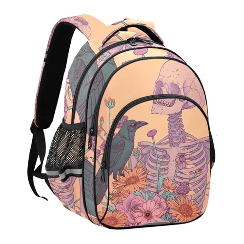 Skull Skeleton Bird Flower Backpack for Kids 8-14 Years Boys Girls School Bookbag Daypack M 202b55062