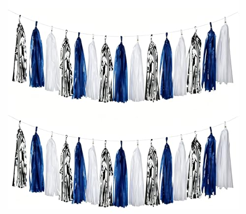 Image of Navy Blue White and Silver Tassel Garland Streamers - 15pcs Party Decorations Tissue Paper Tassels Banner,Wedding Baby Bridal Shower Hanging Decoration Boy Birthday