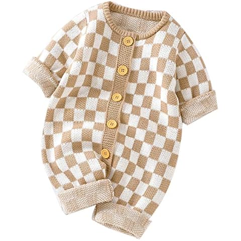SAYOO Unisex Baby Girl Boy Knitted Romper Jumpsuit Checkerboard Plaid One Piece Button Down Sweater Playsuit Clothes (Camel, 0-3 Months) Cover