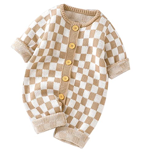 SAYOO Mameluco unisex de punto para bebé niña y niño, diseño de cuadros de ajedrez, una pieza, suéter con botones, Camel, 0-3 meses
