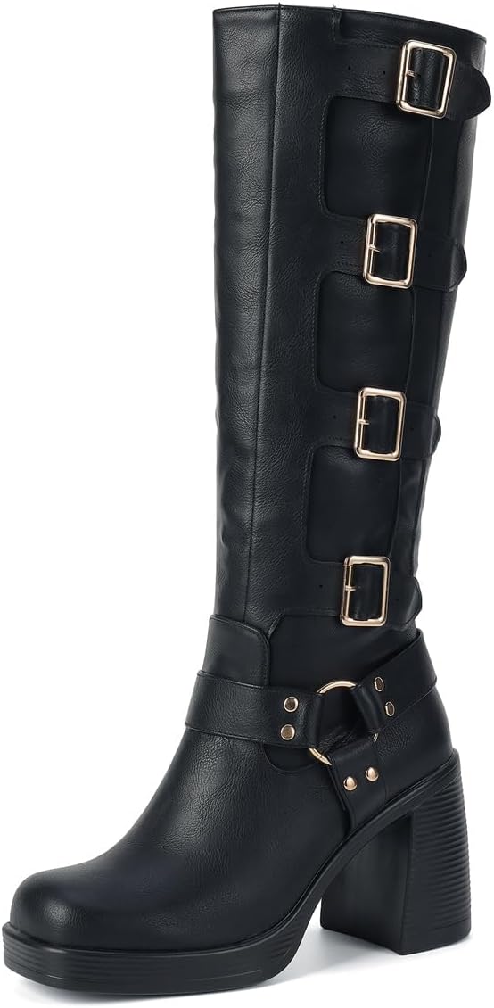 Women's Knee High Boots Square Toe Pull On Platform Zipper Boots Fashion Riding Buckle Chunky Block Heel Biker Motorcycle Boots