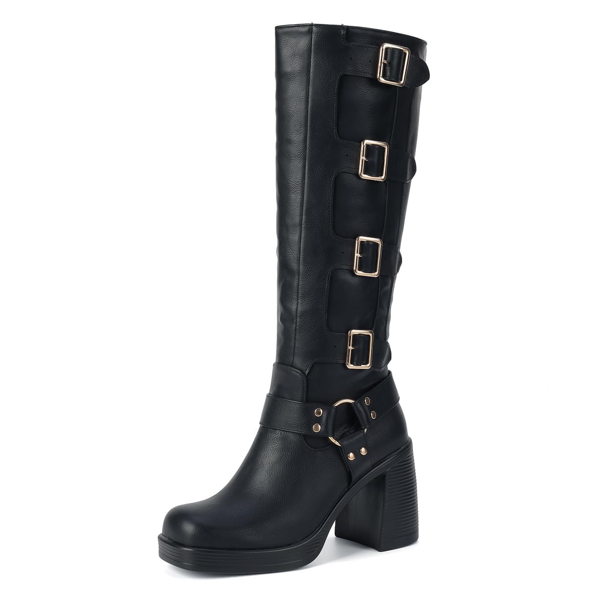 Womens Knee High Boots Square Toe Pull On Platform Zipper Boots Fashion Riding Buckle Chunky Block Heel Biker