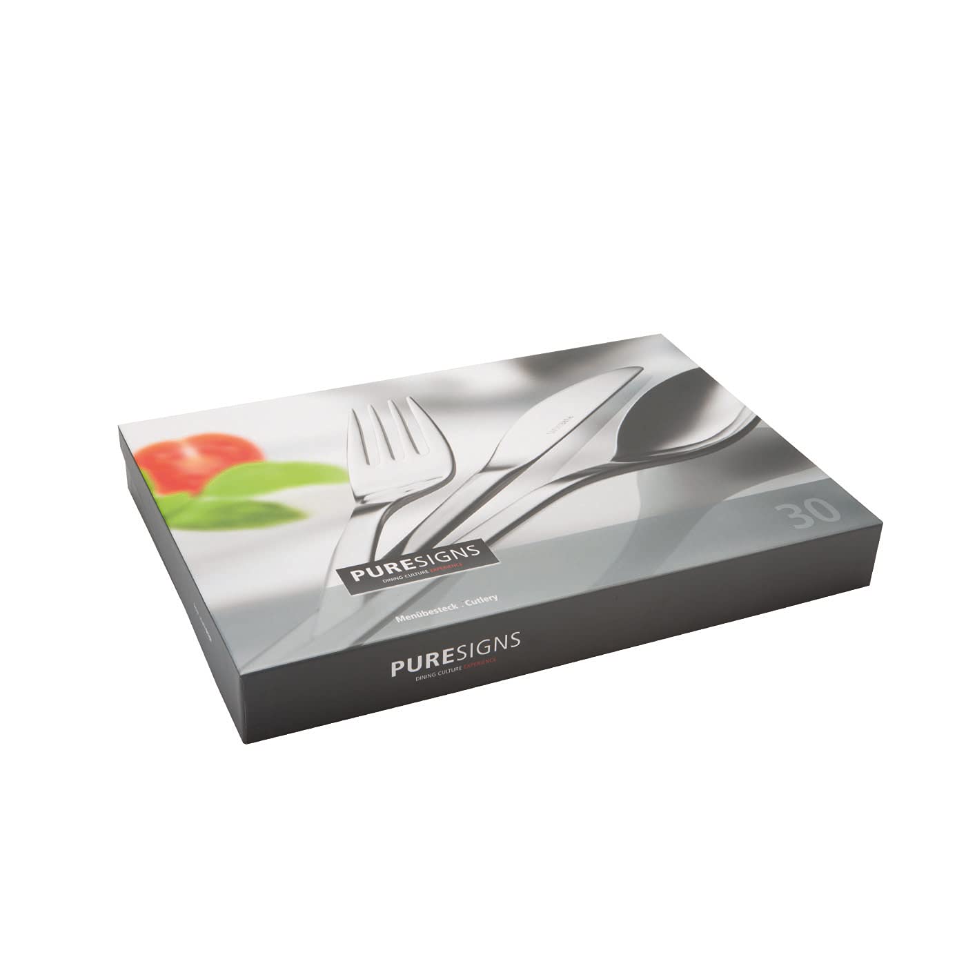 Puresigns Set di posate da 30 pezzi CENTUM per 6 persone in acciaio inox lucido 18/10, set di posate da cucina, 6 cucchiai, forchette da menu, coltelli, cucchiaini da caffè e forchette da torta