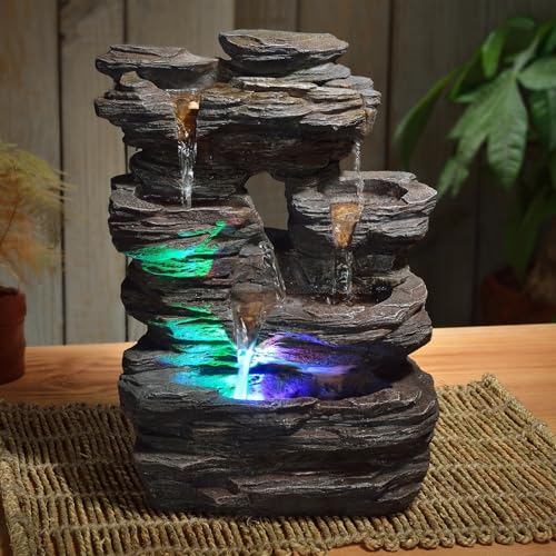 Zen’Light - Zimmerbrunnen Pietra - Steinoptik aus Kunstharz mit Bunten Lichteffekten - Moderne Zen Deko, Meditation & Entspannung - Glücksbringer - H35cm