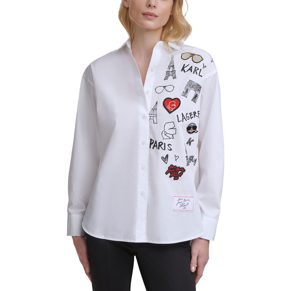 Karl Lagerfeld Paris womens Long Sleeve Iconic Motif Blouse Blouse