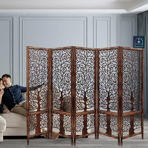 Image of Wooden Room Partition /Screen /Room Divider /Room Separator Traditional Handicrafts 6Ft (Dark Brown) (Tree 5 Panel)