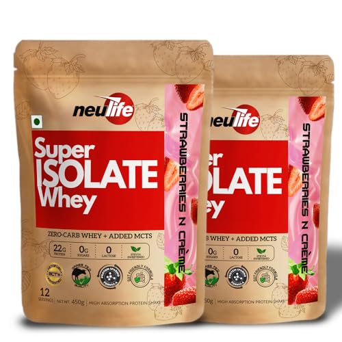 Image of Neulife SUPER ISOLATE Whey | Next-Gen Whey Isolate Protein Powder for Biohackers with Ketofuel MCTs for Protein Sparing and Maximum Absorption- 900g (450gx2) (Strawberries & Cream)