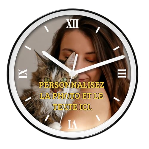 FKF Horloge Murale personnalisée avec Votre Photo - Horloge Ronde silencieuse personnalisée pour Salon, Chambre, Cuisine - Cadeaux de Vacances créatifs, Plusieurs Tailles (Noir)