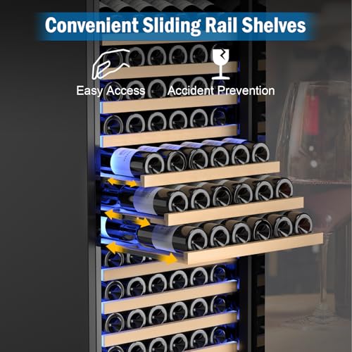 Image of Wine Fridge 24 Inch, 190 Bottles Freestanding or Built-in Wine Cooler Refrigerator with Sliding Rail Shelves, Professional Wine Cellar Low Noise, Black