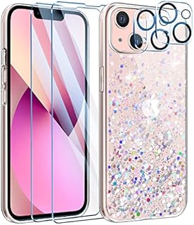 Leathlux Clear Glitter Case Compatible with iPhone 13 Mini with 2 Screen Protector & 2 Camera Lens Protector, TPU Silicone Sparkly Bling Star Soft Cover Flexible Transparent Cover