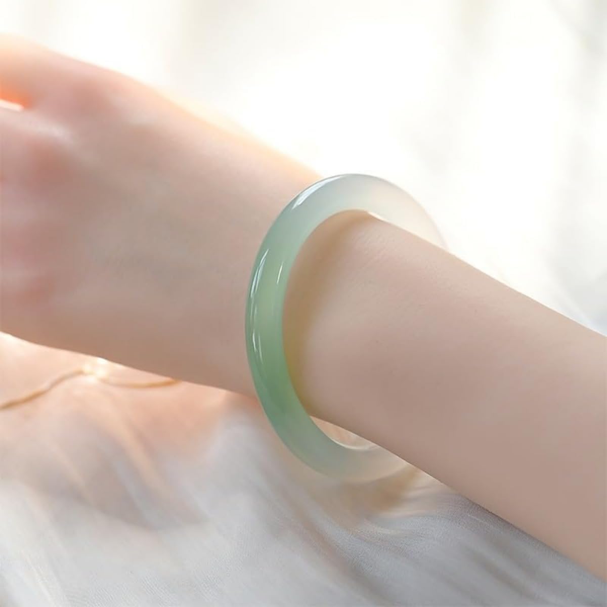 Chalcedony Jade Bangle for Women, Gradual Round Bracelet in Jade Yang Green Color, A-Grade Jade Jewelry Gift for Wife