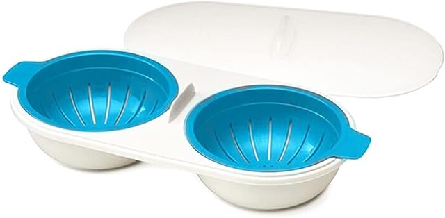 Microwave Egg Poacher Food Grade Double Cup Egg Bowl Cooker Portable Non-Stick Fast Steamer BPA Free Cooking Mold Suitable for Kitchen Gadget (Blue)