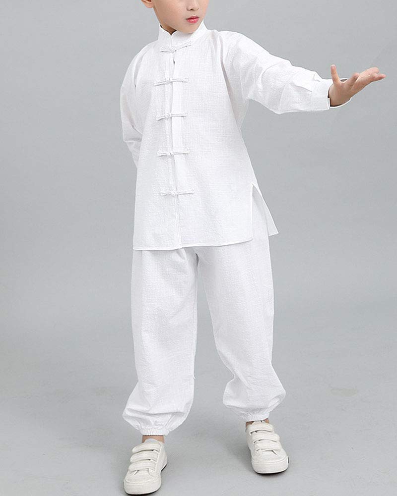Unisex Bambino Uniforme Kung Fu Abiti da Arti Marziali Tai Chi Maniche Lunghe 2 Pezzi Bianco 140