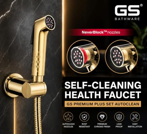 Image of Premium Plus Gold Health Faucet Complete Set with 1 Meter Matching Hose & Wall Hook | Self Cleaning Jet Spray for Toilet | NeverBlock AutoClean Nozzles | High Pressure | Gold Finish