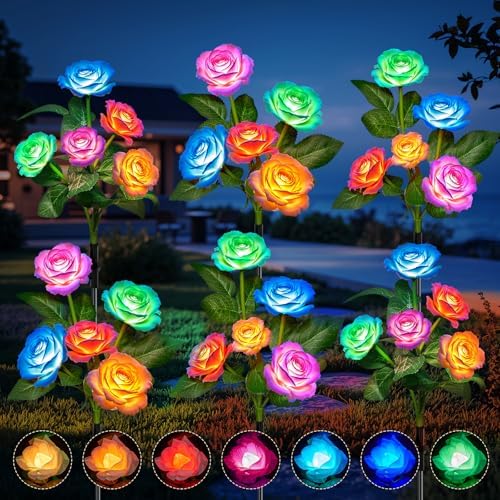 WdtPro 6 Pack Solar Garden Lights,Color Changing Solar Flowers Rose Light, Solar Powered Lights Outdoor Waterproof LED Outside Light for Patio Yard Grave Garden Decor, Gifts for Mom Women