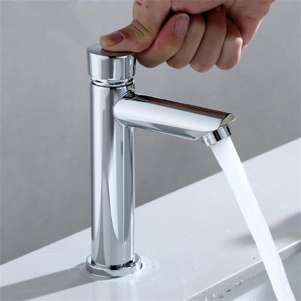 Grifo de Cierre Automático Cromado Ahorro de Agua Grifo de Lavabo de Baño Grifo Frío de Retardo Botón Pulsador Grifo de Lavabo Corto A