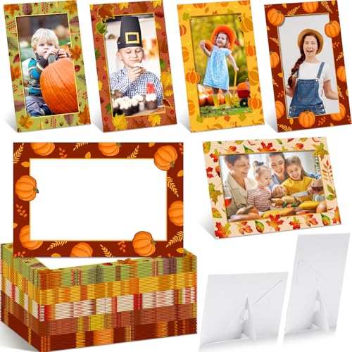 Image of AmazingSpark 50 Pack Paper Photo Frames, Fall Pumpkin Leaves | 50 Stands Included, Thanksgiving Harvest Theme, Classroom Camping Party Decor, Festive Pumpkin Maple Leaf Border Design