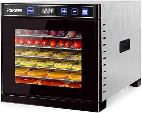 PUKAMI Dehydrator for Food and Jerky,6 Stainless Steel Trays Food Dehydrator,Fruit,Meat,Beef,Dog Treats,Herbs,Food Dryer Machine with Digital Temperature and 24H Timer,110V/600W,Over Heat Protection