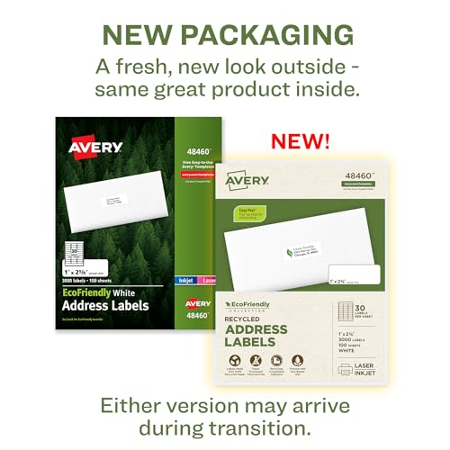Image of Avery EcoFriendly Recycled Address Labels, 1 inch x 2-5 /8 inch, White, Permanent Label Adhesive, 3,000 Printable Labels (48460)