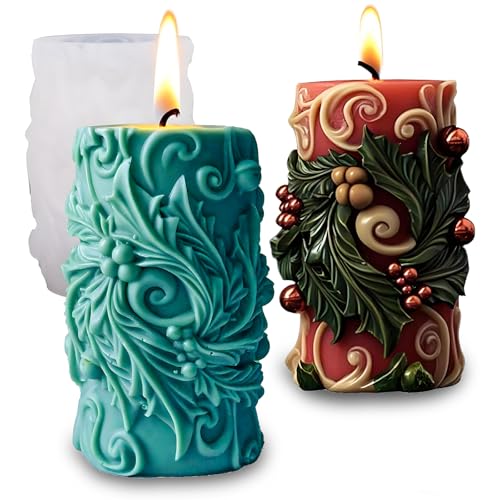 Japleed Christmas Candle Molds for Candle Making, 3D Holly Embossed Silicone Molds for Resin Candle Soap Wax, Unique Christmas Ornament Fondant Chocolate Cake Mold DIY Art Craft Xmas Decor (Holly)
