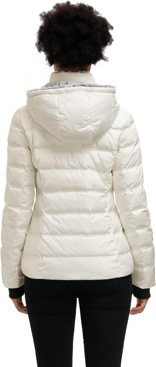 SLOW DOWN Women Down Puffer Jacket Warm Hooded Winter Down Puffer Coat with Faux-Fur Hood & Collar - Image 4