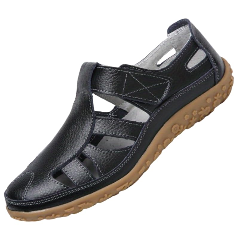 Non Slip Closed Toe Women's Retro Flat Sandals, Solid Color Hook & Loop Casual Outdoor Shoes