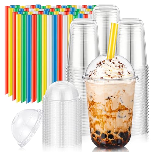 KesaPlan 50 Pack 16oz Clear Plastic Cups with Dome Lids & Colorful Wide Straws Disposable Smoothie Cup Round Bottom To Go Drinking Cup for Bubble Tea Iced Coffee Milkshakes Party Picnic Supply