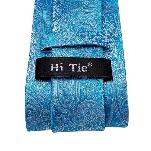 Image of Hi-Tie Paisley Turquoise Blue Men Ties Silk Jacquard Formal Business Necktie Pocket Square Cufflinks Tie Clip Set Wedding Party