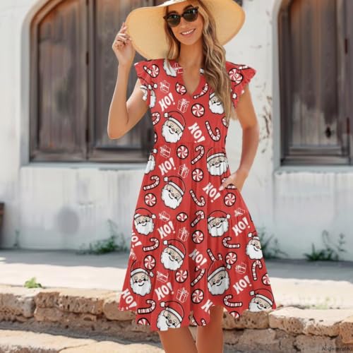 Image of Women's Casual Ruffle Sleeve Dress V Neck Pullover Dress Flowy A-Line Pleated Lightweight Dress with Pockets