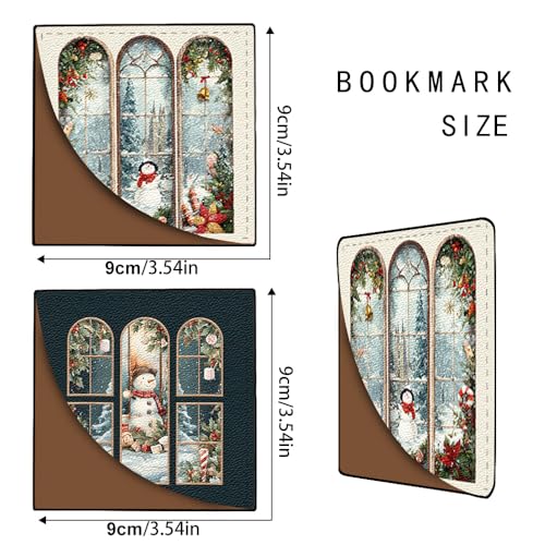 Image of Vintage Snowman Window Corner Bookmarks 2Pcs, Handmade PU Leather Page Markers, Retro Winter Art Stationery Gift for Book Lovers, Kids, Teachers, Aesthetic Reading Accessories 3.54 x 3.54