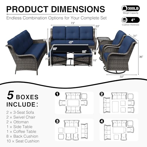 Image of Joyside 8 Piece Wicker Patio Furniture Set, Outdoor Swivel Rocker Patio Chairs with High Back, Deep Seating, Wide Armrest, Thickened Cushions, Outdoor Furniture for Deck, Porch Use