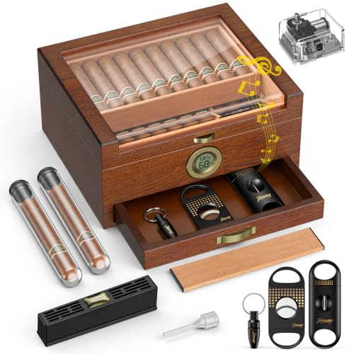 Image of Tesonway Cigar Humidor, Glass Top Cedar Cigar Box with Music System | Desktop Humidor with Wood Tray, Digital Hygrometer, Humidifier, Divider, Accessories Drawer, 2 Cigar Tubes & 3 Cigar Cutters