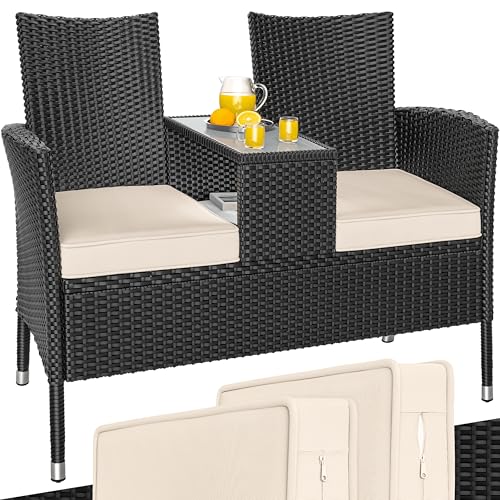 Casaria® Gartenbank Sitzbank inkl. Auflagen Wetterfest Polyrattan 320kg Belastbar Tisch Ablage UV-beständig Garten Balkon Bank 2-Sitzer 143x55cm Schwarz