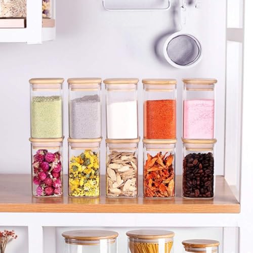 Image of Glass Food Storage Containers with Airtight Bamboo Lid, Coffee Storage Jars for Home Kitchen, Pantry Tea, Spices, Snack (SQUARE 280 ML JAR, SET OF 12)