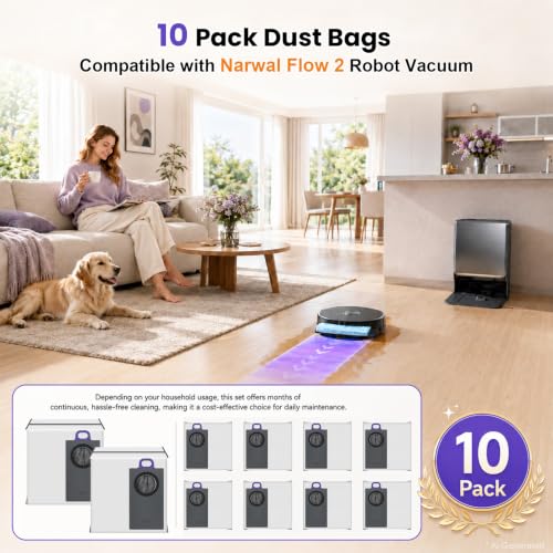 Image of 10 Pack Dust Bags Compatible with Narwal Flow 2, 2.4L Large Capacity | 4-Layer Filtration (2-Layer Non-Woven + 2-Layer Melt-Blown Fiber), Easy-Install Design