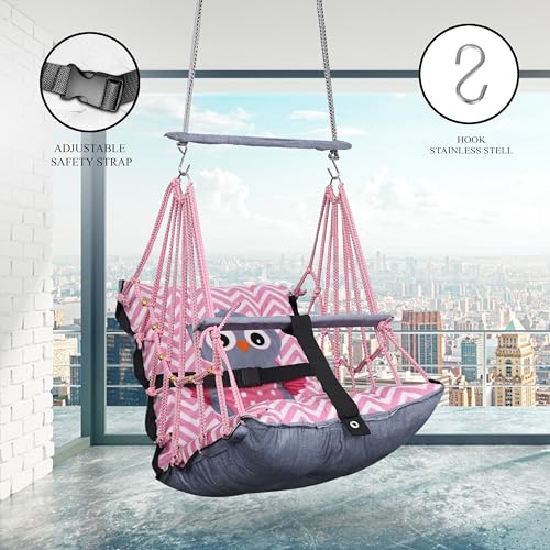 Image of Sprointal Swing for Kids Swing Cotton Baby Children Folding and Washable 1 to 5 Years Swing Gift Jhula with Safety Belt Easy to Carry & Fun Cradle Chair |Home Garden (Pink Night Owl)