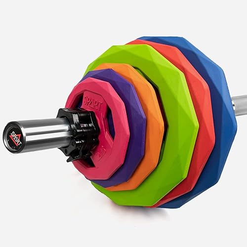 Miniatura 6 de SPART Placa de peso con código de color de 2 pulgadas, placa de agarre olímpico con revestimiento de goma para barra, placas de peso de hierro