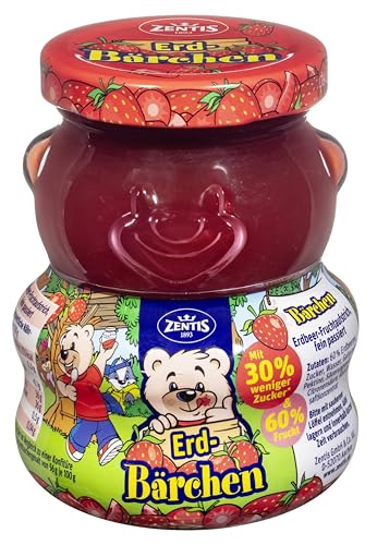 Zentis Bärchen Erd-Bärchen Erdbeere – 250 g Glas zuckerreduzierter und passierter Fruchtaufstrich mit 60% Erdbeeren im süßen Bärchenglas