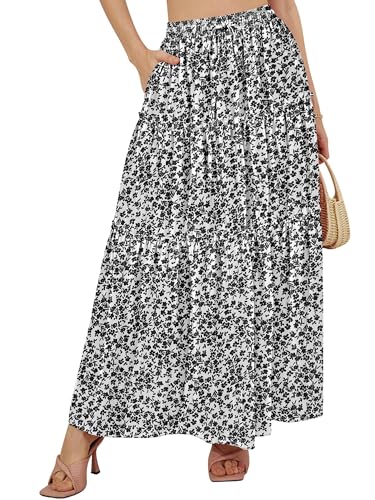 NASHALYLY Skirts for Women Boho Elastic Waisted Drawstring Swing Ruched 3 Tiered Maxi Skirt with Pockets