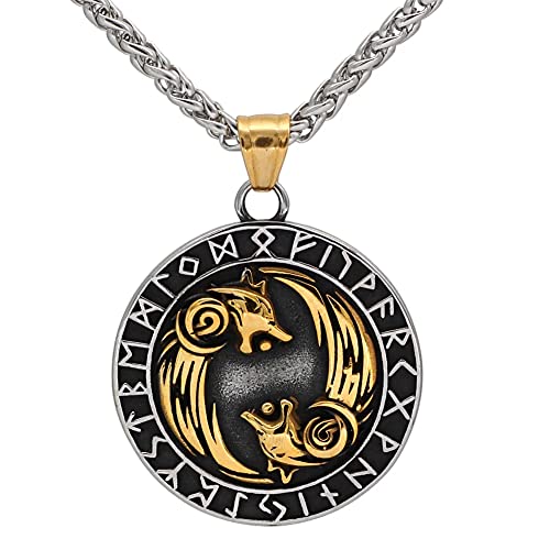 JHBTFQ Wikinger Geri und Freki Wolf Rune Männer Edelstahl Halskette...