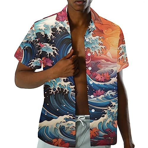 GLUDEAR Men's Paint The Great Wave Off Kanagawa 3D Print Casual Button Down Shirt3