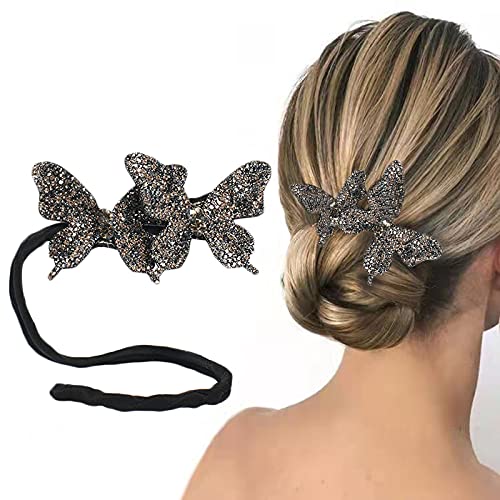 DrunkenCalf Butterfly Deft Bun Maker Crystal Hair Bun Maker Magic Hair Styling Bun Shaper Donut Hair Curler Hair Accessories for Women Girls (black)