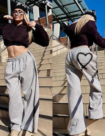 Aelfric Eden Baggy Jogginghose Damen Graffiti Herz Freizeithose | Baumwolle Kordelzug Sweatpants Graue Sporthose mit Taschen