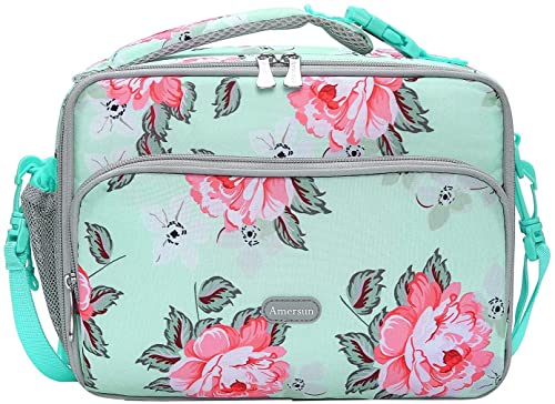 Amersun Bolsa de almuerzo para niños – Lonchera acolchada duradera con aislamiento con correa ajustable y 2 bolsillos para niñas y niños pequeños, bolsa térmica congelable para mantener la comida
