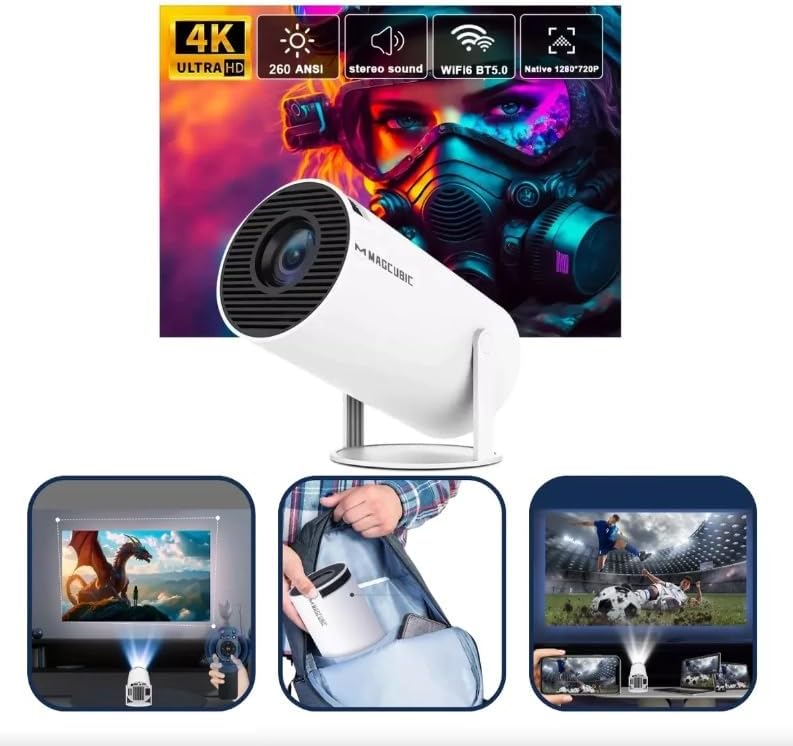 Mini Projetor 4K 1080P Wi-Fi 6 BT 5.0 Android 11, 8000 Lumens, 180° Girável