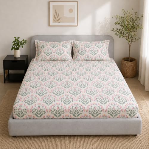 Image of Linen Home Cotton Percale Fitted Bedsheet Set Double Size Sequence Pink