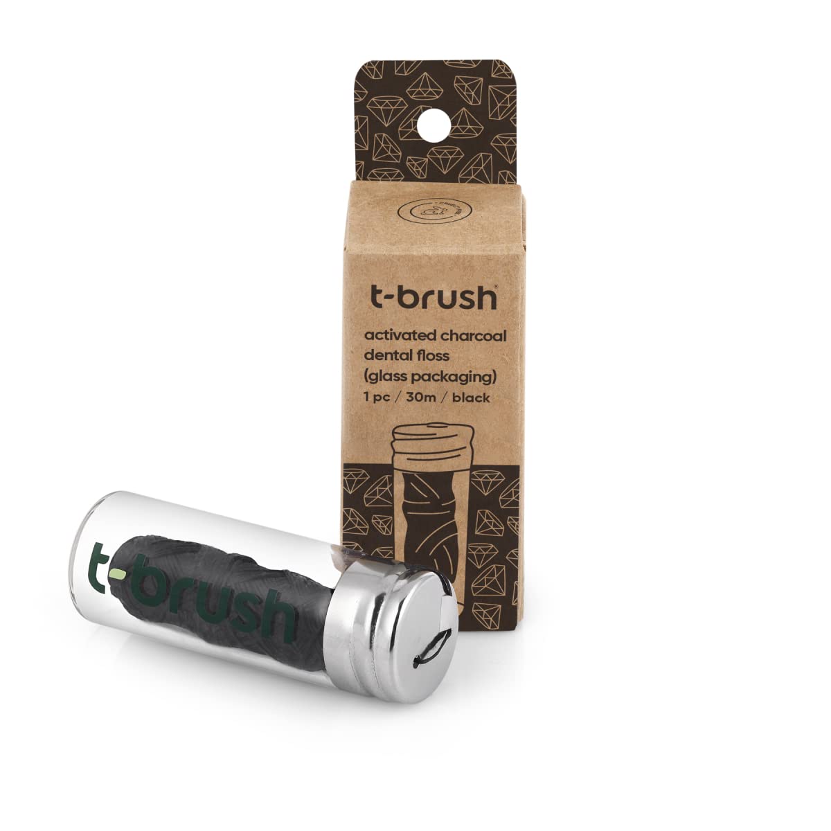 t-brush Dental Floss 30m | Within Refillable Glass Container | Eco-Friendly Vegan Cruelty-Free BPA Free Craft Packing No Plastic | Activated Charcoal