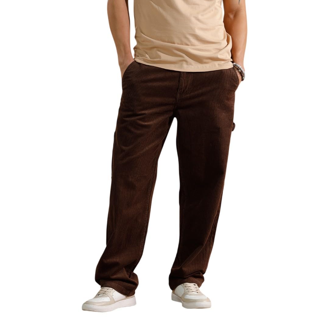 WROGN Men's Cotton-Stretch Trousers | Solid | Loose Fit in neutral
