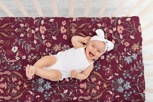 Image of Sweet Jojo Designs Fitted Baby Crib Sheets (Burgundy Red Wildflower Vintage Floral) for Girls, Infant Nursery, Toddler Room - Standard Size (Boho, Paisley, Bohemian, Cottagecore, Farmhouse, Flower)